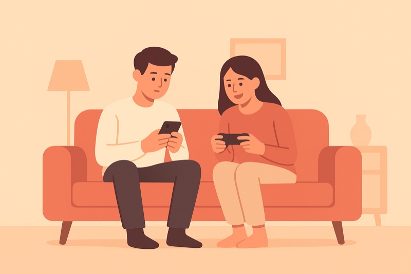 Friends gathered on couch playing together